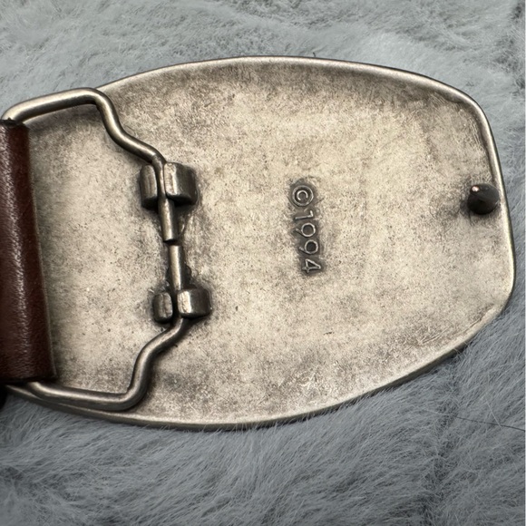 Vintage 90s Leather Statement Belt Western Festival Rodeo Silver Buckle Brown - Picture 5 of 13